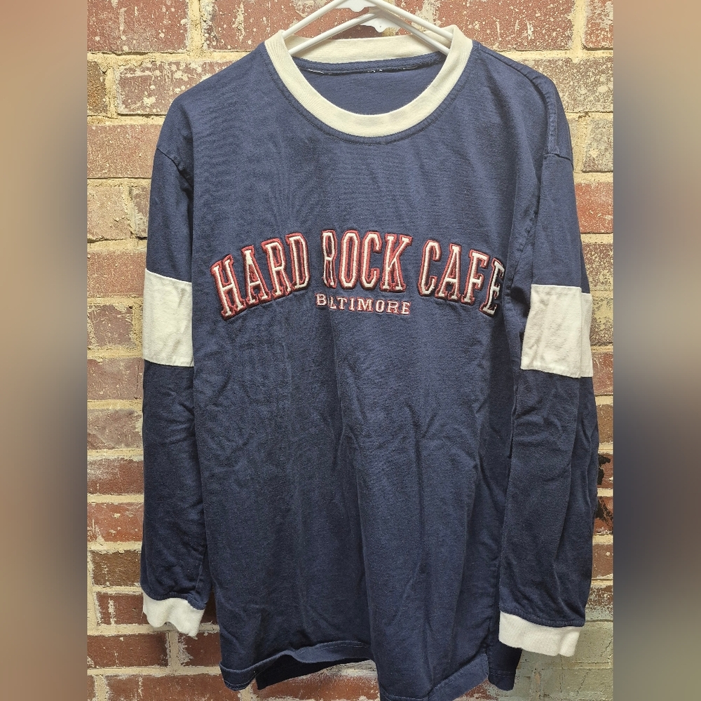 Vintage Hard Rock Cafe Baltimore Long Sleeve T-Shirt Blue Embroidered Ringer